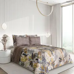 BALI - Colcha Doble Faz para Cama Doble 215×240 + Funda 50×75 Flores en tonos cafe Polialgodón