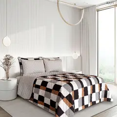 BALI - Colcha Doble Faz para Cama Doble 215×240 + Funda 50×75 cuadros negro y cafe Polialgodón