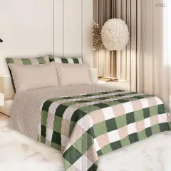 BALI - Colcha Doble Faz para Cama Doble 215×240 + Funda 50×75 cuadros beige y verde Polialgodón