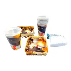 GENERICO - Kit Vaso Plato Cubiertos Fiesta Grado Birrete Dorado Negro 12 unidades