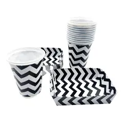GENERICO - Kit Fiesta Vasos Platos Blanco Negro Lineas Zigzag X 12 Unidades