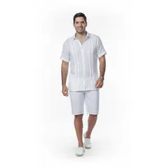 FRIXIO - Guayabera Blanca 100% Lino Manga Corta Cuello Ángel