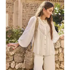 PATPRIMO - Blusa Unicolor Con Encaje  Para Mujer Blanco