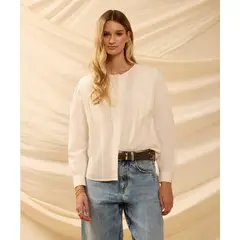 PATPRIMO - Blusa De Cuello Redondo Con Alforzas  Para Mujer Crema