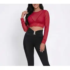 VIA7 - Blusa Crop Top Manga Larga de Malla Negra y Encaje top negro pegado