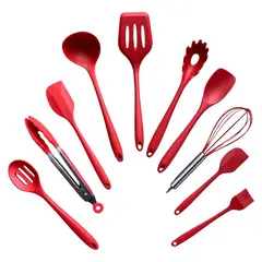 SKY - Set De 10 Cucharas De Silicona Roja Con Mango De Acero Inoxidable – Utensilios De Cocina