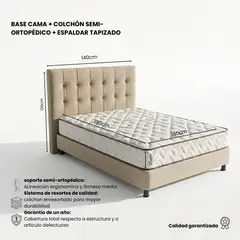 GENERICO - Combo milán BEIGE colchón doble 140 x 190 cm firmeza media + base cama tapizada + espaldar antifluidos