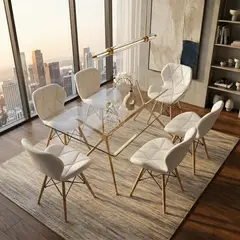 ENTRE NOS HOME - Juego de Comedor Mariposa 6 Puestos Mesa Rectangular Brie Vidrio 160cm y Sillas Blancas en Ecocuero