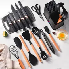 SKY - Set De Cocina x19 Piezas Utensilios Silicona, Cuchillos, Cucharones y Tabla