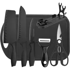 SKY - Juego De Cuchillos x7 Piezas Acero Inoxidable Negro Con Tabla y Soporte