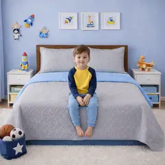 LILE - Colcha Infantil Doble Faz Gris y Azul Celeste Suave y Reversible