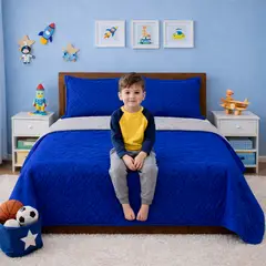 LILE - Colcha Infantil Doble Faz Gris y Azul Rey Suave y Reversible