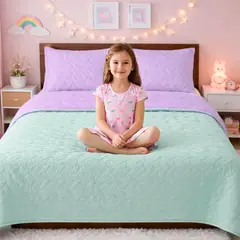 LILE - Colcha Infantil Doble Faz Lila y Verde Menta Suave y Reversible