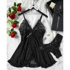 GENERICO - Conjunto Lencería Sexy Babydoll Encaje Pijama Suave Negro M L
