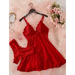 GENERICO - Conjunto Lencería Sexy Babydoll Encaje Pijama Suave Rojo L XL
