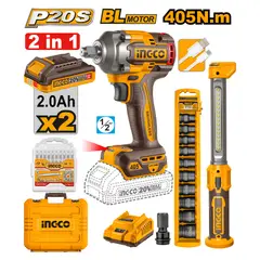 INGCO - Llave de Impacto Inalámbrica 20V 405Nm + Lámpara y Dados UCOSLI23056
