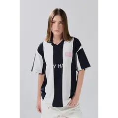KOAJ - Camiseta polo oversize crema con rayas y arte college Mujer