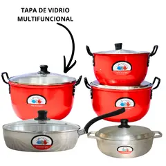 GENERICO - OLLA X3 PINTADA ROJA + SARTEN DE 24CM EN ALMUMINIO CON TAPA DE VIDRIO +CALDERO 4