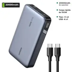 UGREEN - Power Bank, Batería Portátil 3 Puertos De 20.000mAh /100W Carga Rápida Pantalla Led