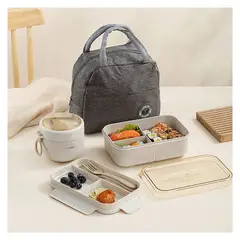 GENERICO - Lonchera + 2 Porta Comidas + Cubiertos En Fibra De Trigo
