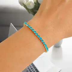 STAINLESS STEEL - Pulsera Tennis Con Piedritas Azul Aguamarina Para Mujer En Acero Inoxidable + Caja