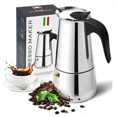 BUFFER FLASK - Cafetera Italiana Espresso 4 Tazas Acero Inoxidable: Cafetera Para Hogar y Oficina 200ml Premium