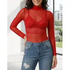 VIA7 - Blusa Transparente de Malla - Cuello Alto si incluye top