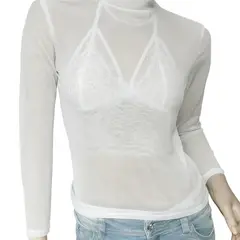 VIA7 - Blusa Transparente de Malla - Cuello Alto si incluye top