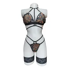 GENERICO - Conjunto Sensual con tanga hilo Encaje Lenceria Erotica Ligas