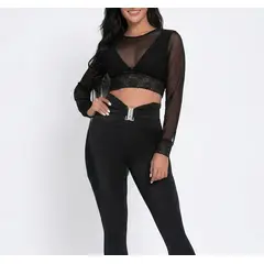 VIA7 - Blusa Crop Top Manga Larga de Malla Negra y Encaje top negro pegado