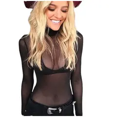VIA7 - Blusa Transparente de Malla - Cuello Alto no incluye top