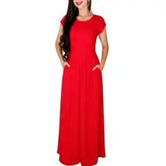 VIA7 - Vestido largo manga corta de bolsillos para mujer nuevo negro