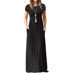 VIA7 - Vestido largo manga corta de bolsillos para mujer nuevo negro