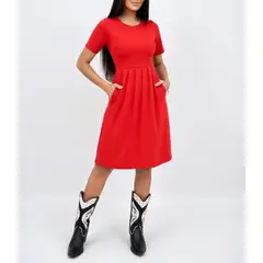 VIA7 - Vestido a la rodilla manga corta Comodidad y Estilo con Bolsillos