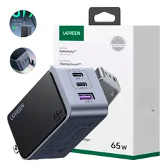 UGREEN - Cargador Carga Rápida 65W, 3 Puertos GAN 1XUSB a 2XUSB C, Gris