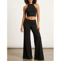 VIA7 - Pantalón Licrado Wide Leg - Talle Alto y Caída Fluida