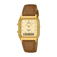 CASIO - Reloj Unisex AQ-230EGL-9ADF En Correa Marron Fondo Dorado Doble Hora