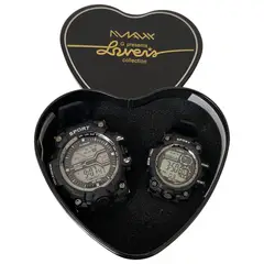 MAX - RELOJ NEGRO PAREJA DIGITAL DEPORTIVO SUMERGIBLE + CAJA
