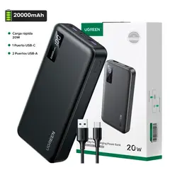 UGREEN - Power Bank, Batería Portátil 3 Puertos De 20.000mAh / 20W Carga Rápida Pantalla Led