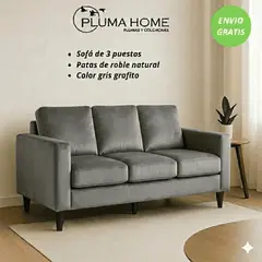 PLUMA HOME - Sofá de Tres Puestos con Patas de Roble Natural - Color Gris Grafito