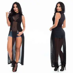VIA7 - Blusa larga de Malla Transparente - Diseño de Cuello Redondo