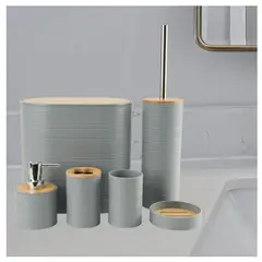 GENERICO - Set de Baño Gris con Accesorios 6 Piezas y Detalles de Bambu para Tocador Moderno