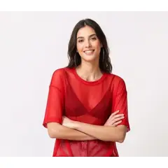 VIA7 - Blusa Transparente en Malla manga corta estilo recto