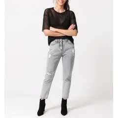 VIA7 - Blusa Transparente en Malla manga corta estilo recto