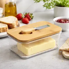 GENERICO - Mantequillero Acrílico Con Tapa De Madera y Cuchillo Organizador Para Mantequilla Cocina