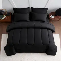GENERICO - Edredón Acolchado Negro Doble 140x190 + 2 Fundas - Suave Tipo Algodón - Caída Larga