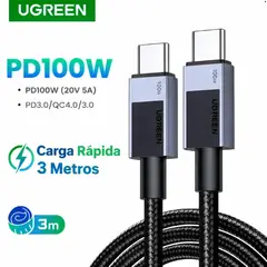 UGREEN - Cable Carga Rápida 100W Tipo C a USB-C PD Trenzado Alta Resistencia 3 Metros