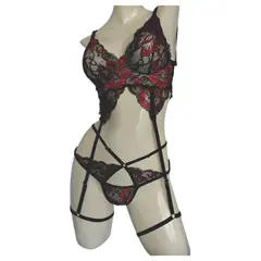 RAINBOW MODA - Lenceria Mujer Set Lencería Erótica Encaje Floral Negro Rojo sexy