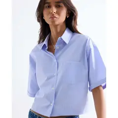 SEVEN SEVEN - Camisa Cropped Rayas Manga Corta Para Mujer Azul
