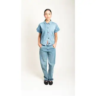 LOCAL ATELIER - Jean balloon, tela azul en algodón con cortes laterales